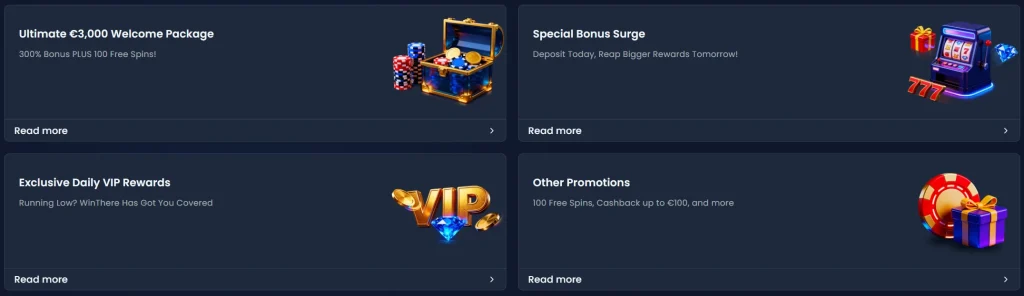 WinThere Casino bonuses including welcome package VIP rewards and special promotions