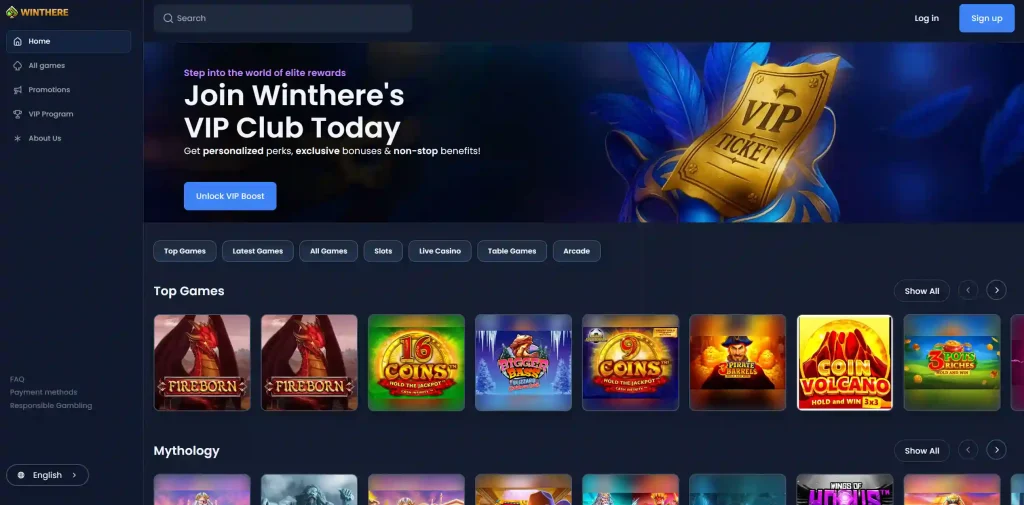 WinThere Casino homepage with VIP banner navigation menu and top games section