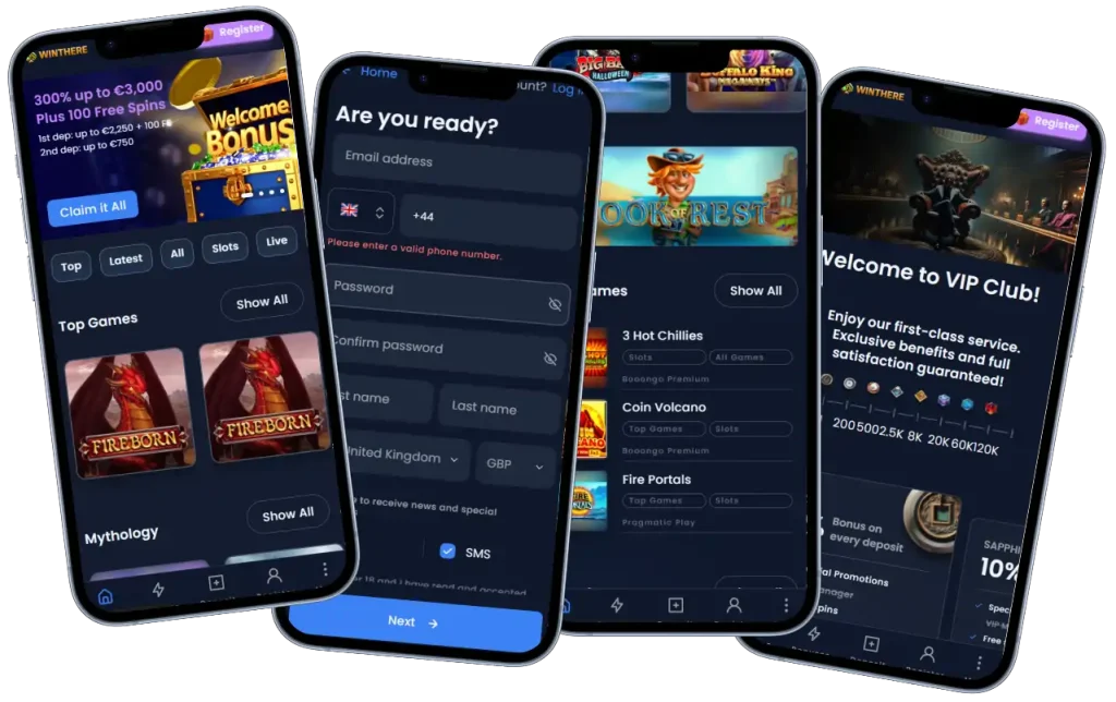 WinThere Casino mobile version showing games interface registration and VIP section