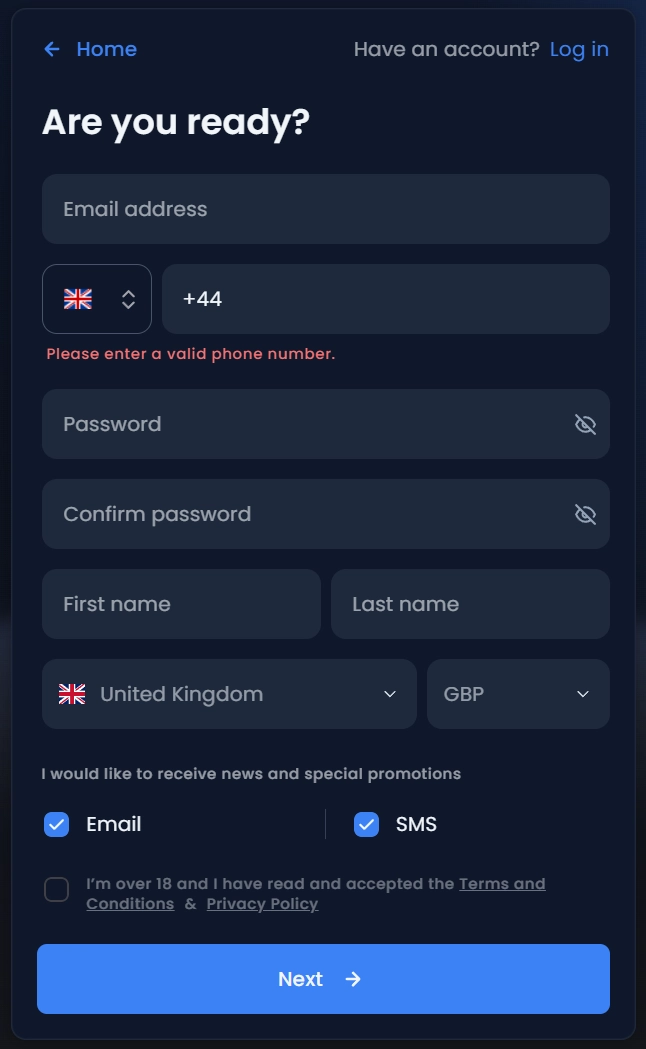 WinThere Casino registration form with email phone password and account details fields