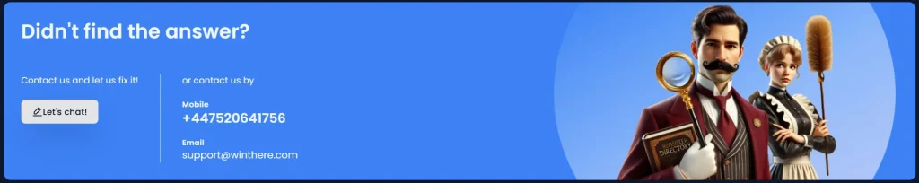 WinThere Casino support section with live chat email and phone contact details
