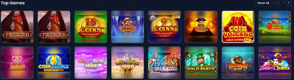 WinThere Casino top games section with popular slot titles and featured games